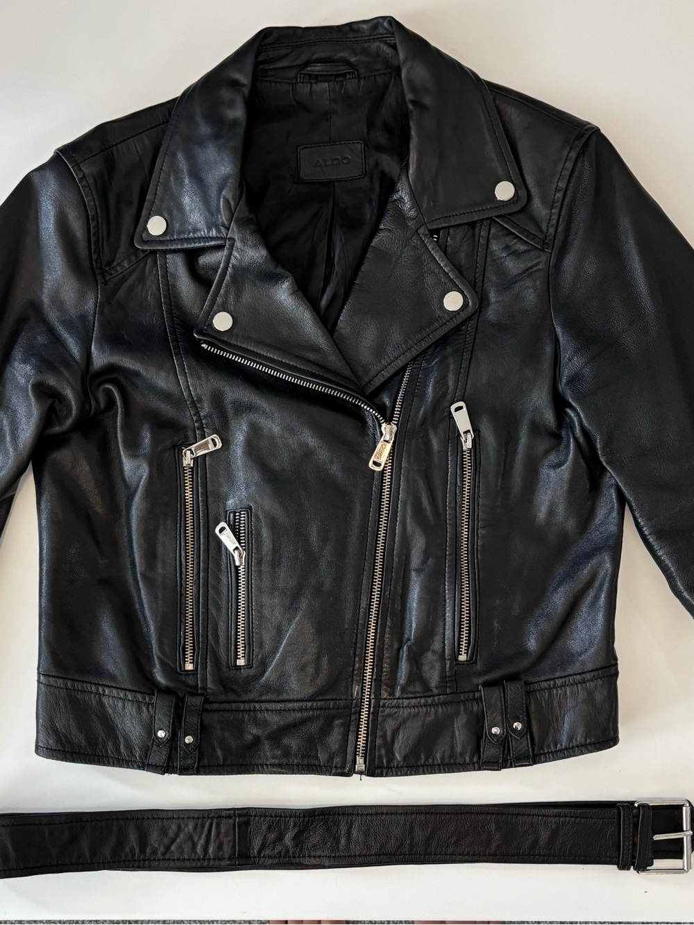 ALDO Black Leather Biker Jacket with Silver Hardware